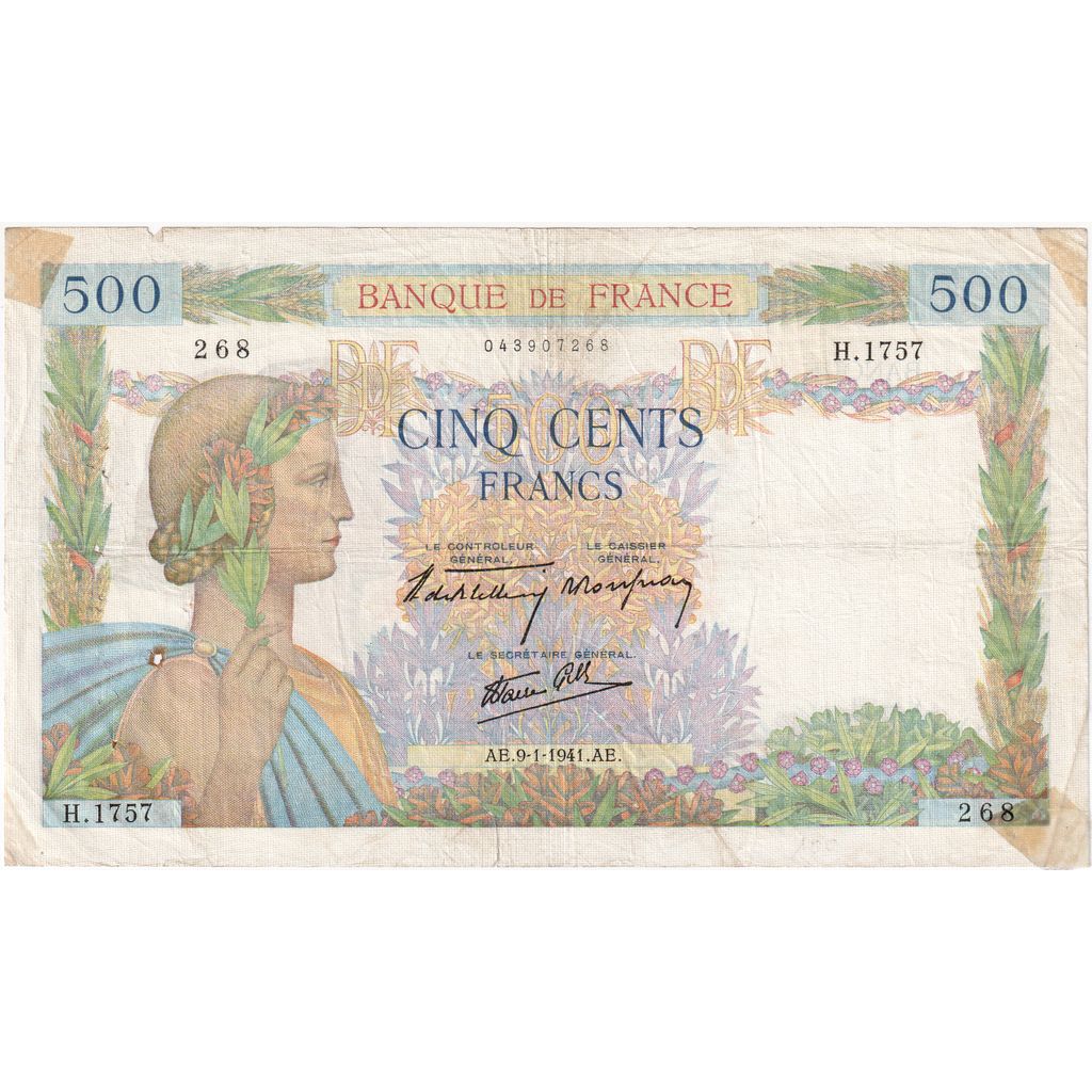 Frankrijk, 500 Francs, La Paix, 1941-01-09, H.1757, B+