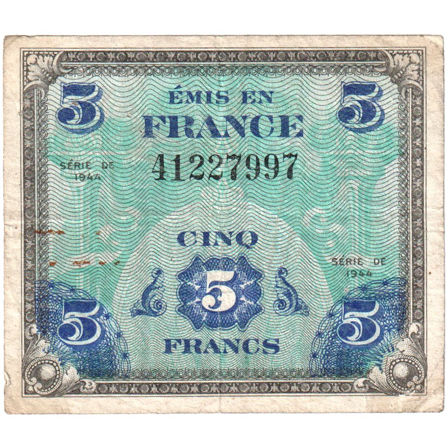 France, 5 Francs, Flag/France, SÉRIE 1944, VF(30-35)
