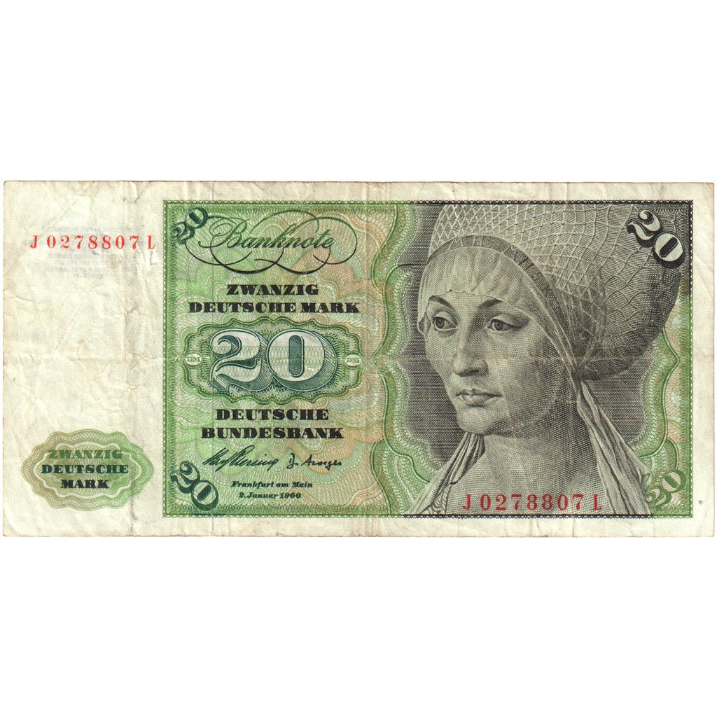 GERMANIA - REPUBBLICA FEDERALE, 20 Deutsche Mark, 1960-01-02, B+