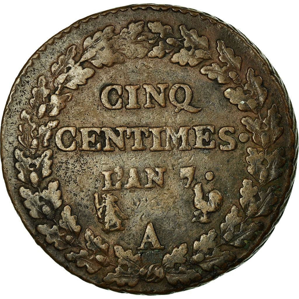 Francia, 5 Centimes, Dupré, AN 7/5, Paris, Coq/Corne, Bronzo, BB+, Gadoury:126