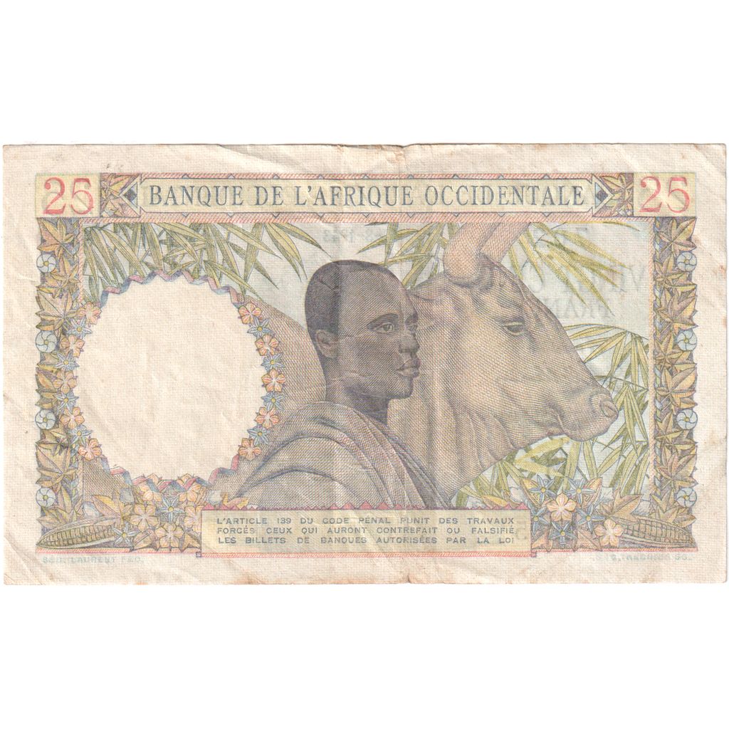 French West Africa, 25 Francs, 1943-08-17, VF(30-35)