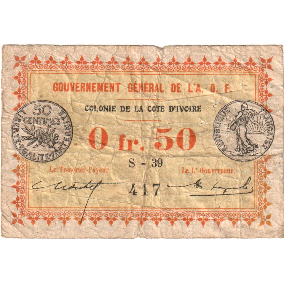Ivory Coast, 0.50 Franc, 1917-11-02, SGE+, Gem UNC 65