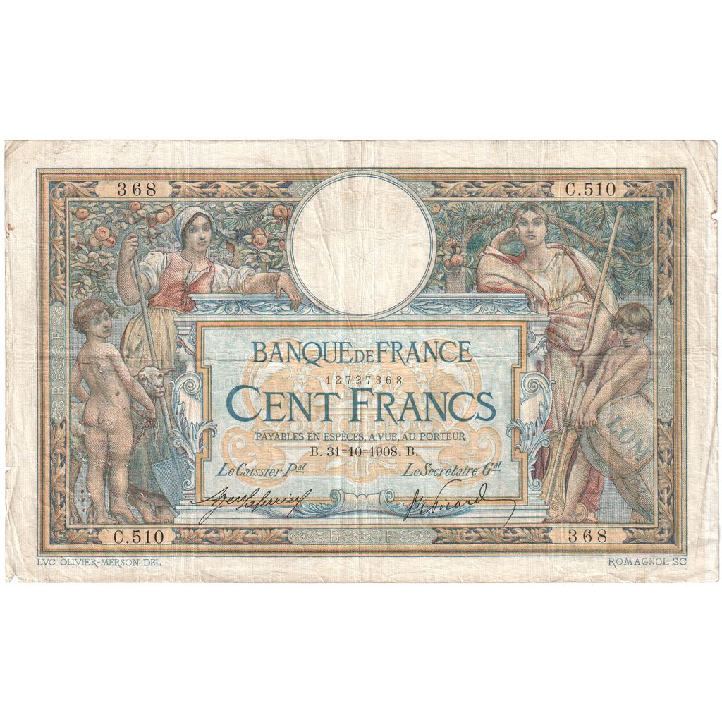 France, 100 Francs, Luc Olivier Merson, 1908-10-31, C.510, TB