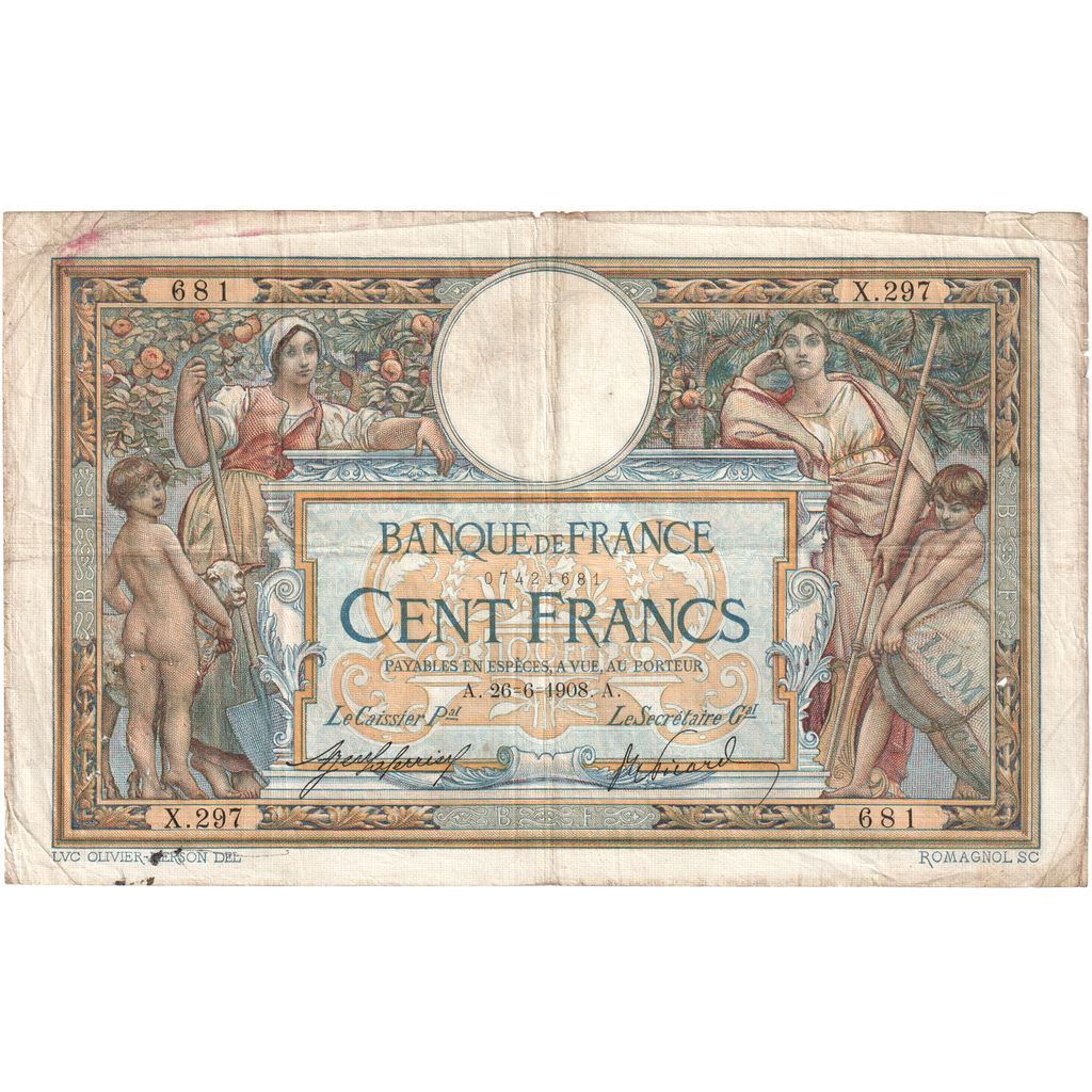 France, 100 Francs, Luc Olivier Merson, 1908-06-26, X.297, TB