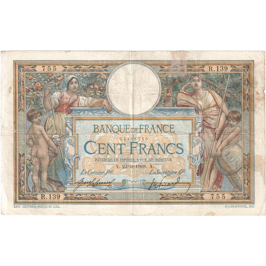 France, 100 Francs, Luc Olivier Merson, 1908-03-23, R.139, TB