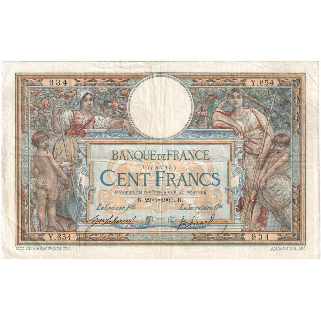 Francia, 100 Francs, Luc Olivier Merson, 1909-01-29, Y.654, MB+