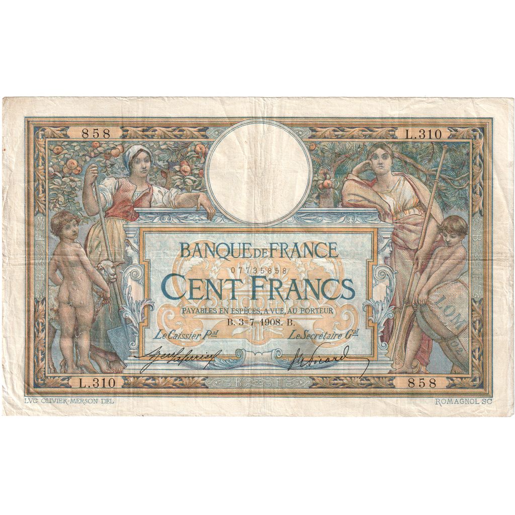 Francja, 100 Francs, Luc Olivier Merson, 1908-07-03, L.310, VF(30-35)