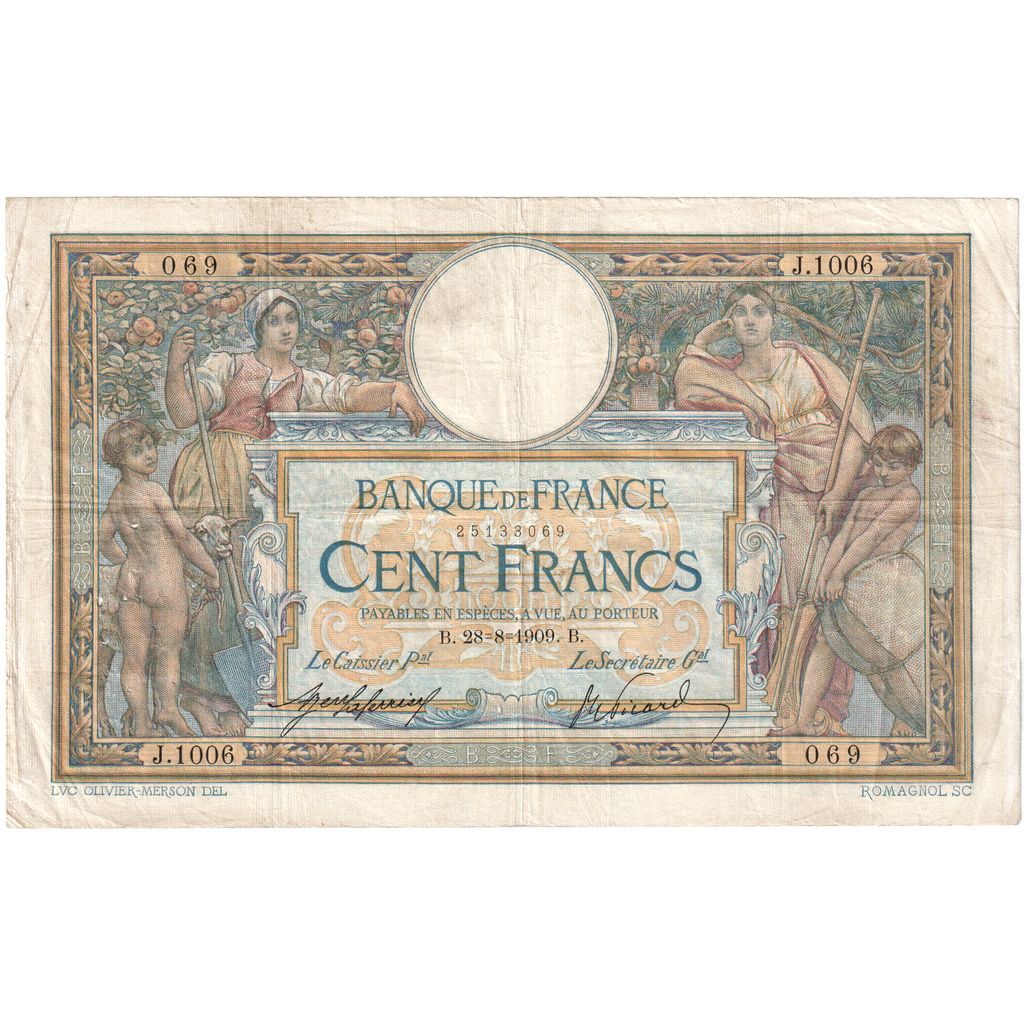 Francia, 100 Francs, Luc Olivier Merson, 1909-08-28, J.1006, BC+