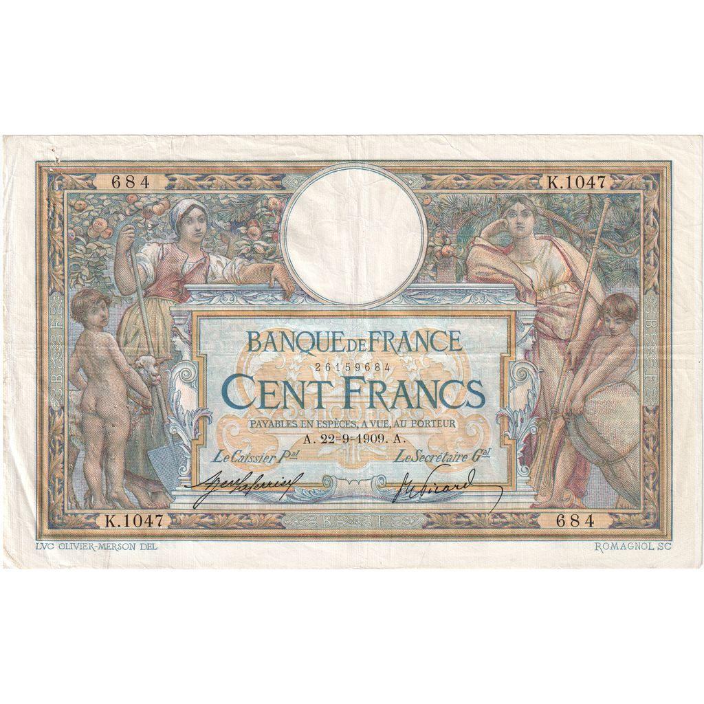 France, 100 Francs, Luc Olivier Merson, 1909-09-22, K.1047, VF(20-25)