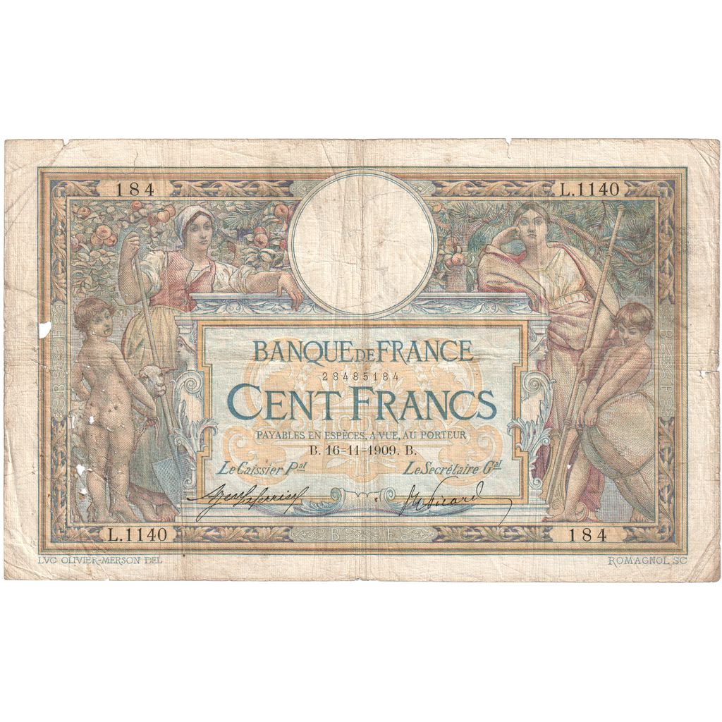 Francia, 100 Francs, Luc Olivier Merson, 1909-11-16, L.1140, B