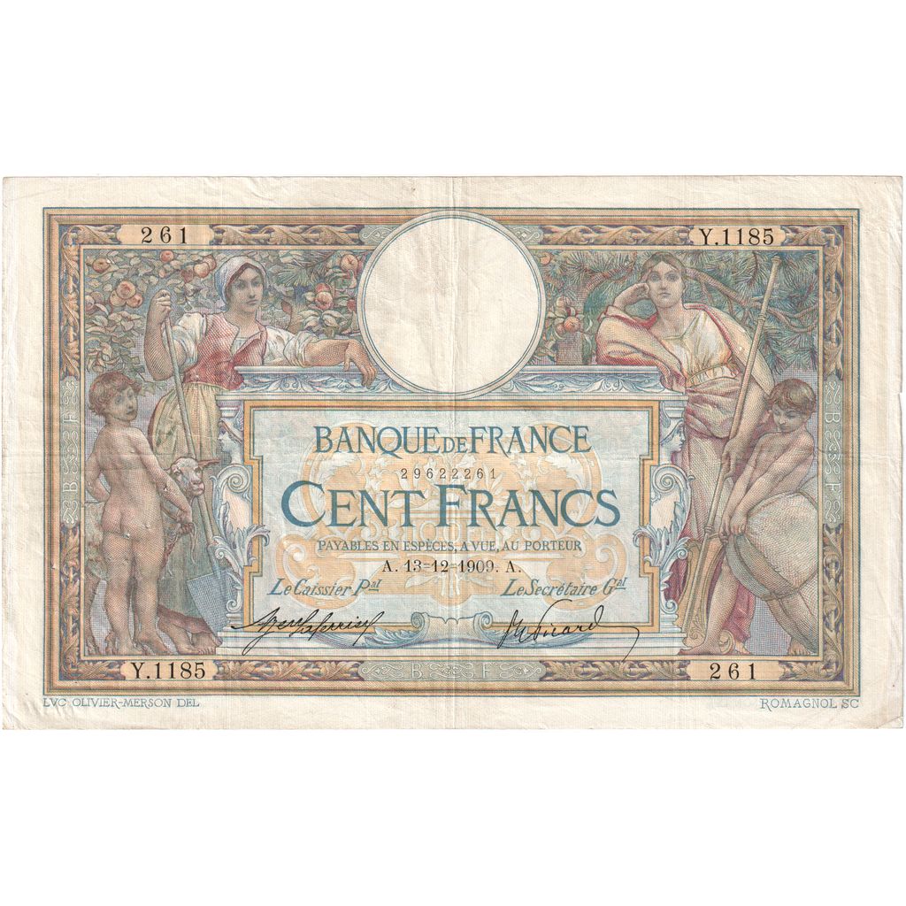 France, 100 Francs, Luc Olivier Merson, 1909-12-13, Y.1185, VF(20-25)