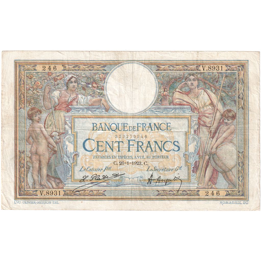 France, 100 Francs, Luc Olivier Merson, 1923-01-26, V.8931, F(12-15)