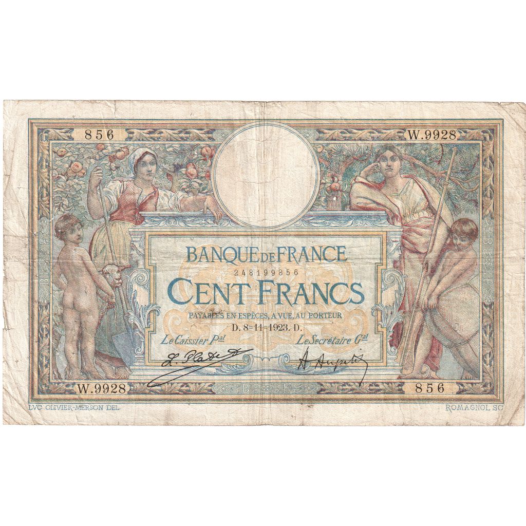 France, 100 Francs, Luc Olivier Merson, 1923-11-08, W.9928, VG(8-10)