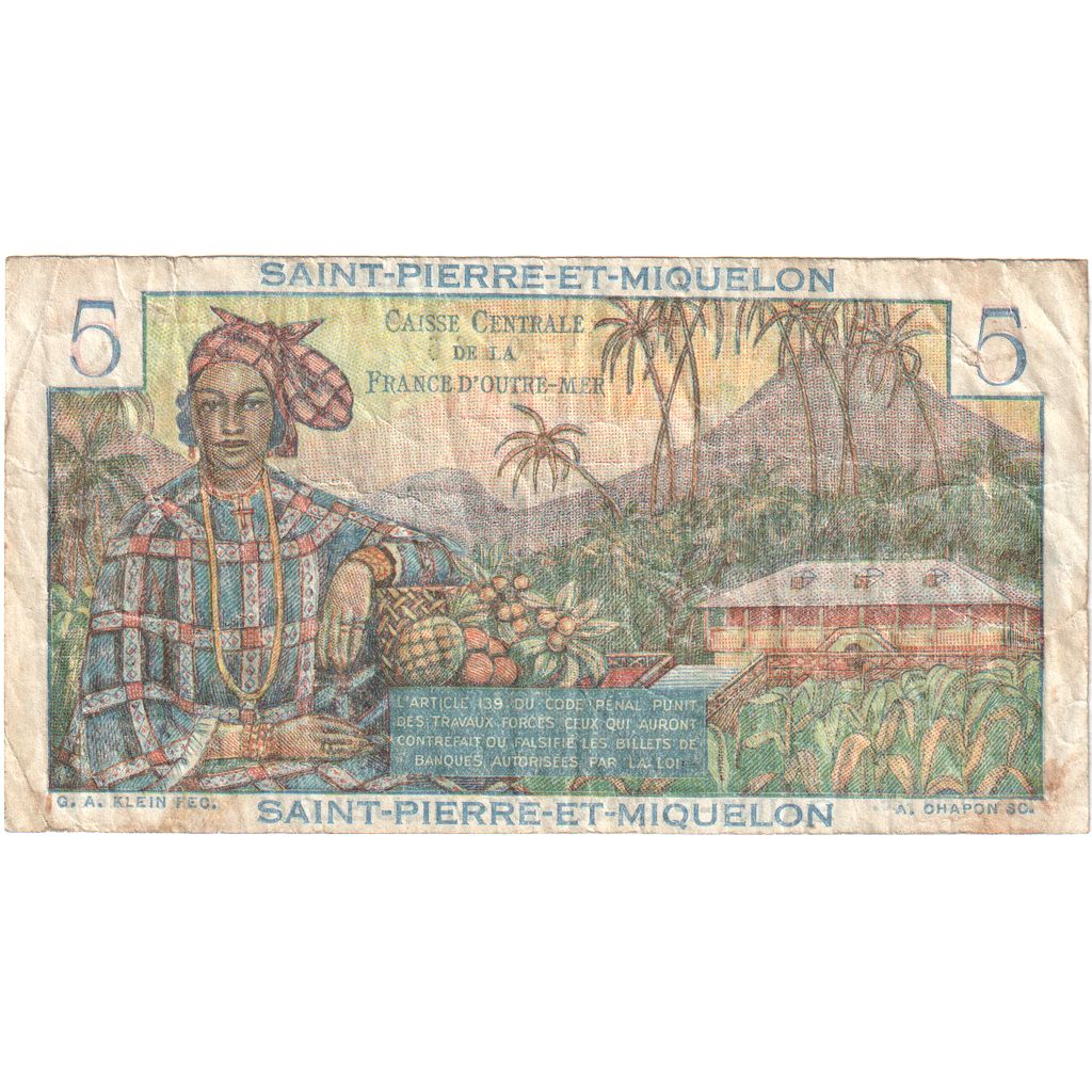 Saint Pierre e Miquelon, 5 Francs, Bougainville, Undated (1950-1960), U.27, B+