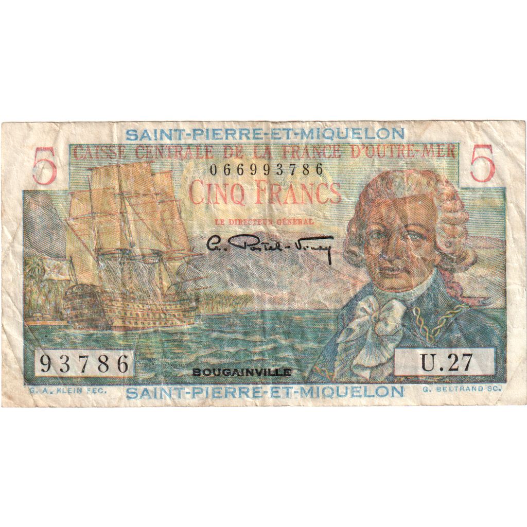 Saint Pierre e Miquelon, 5 Francs, Bougainville, Undated (1950-1960), U.27, MB