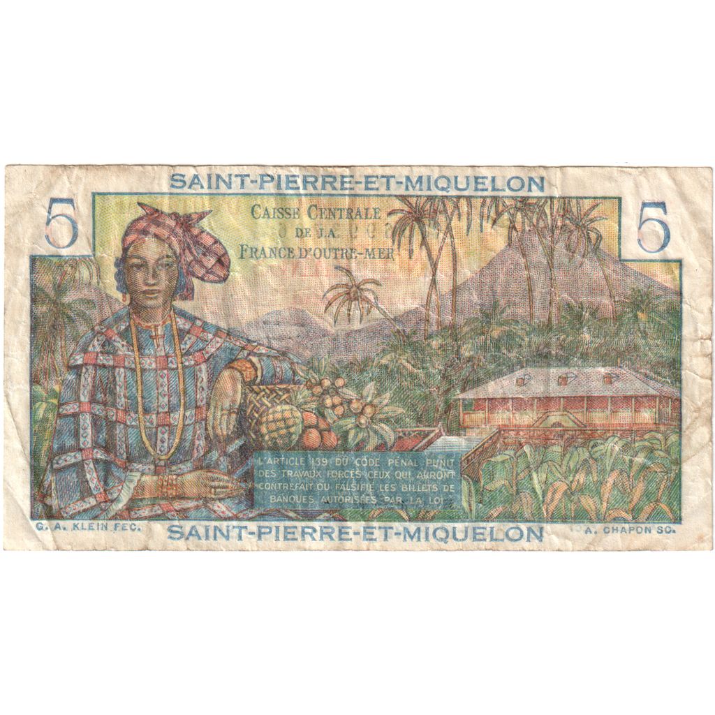 Saint Pierre e Miquelon, 5 Francs, Bougainville, Undated (1950-1960), U.27, MB