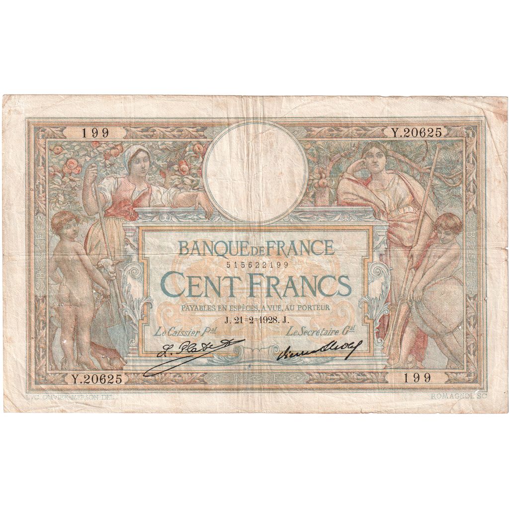 Frankrijk, 100 Francs, Luc Olivier Merson, 1928-02-21, Y.20625, TB+