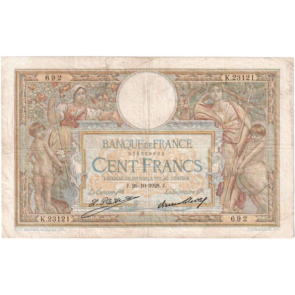 França, 100 Francs, Luc Olivier Merson, 1928-10-26, K.23121, F(12-15)