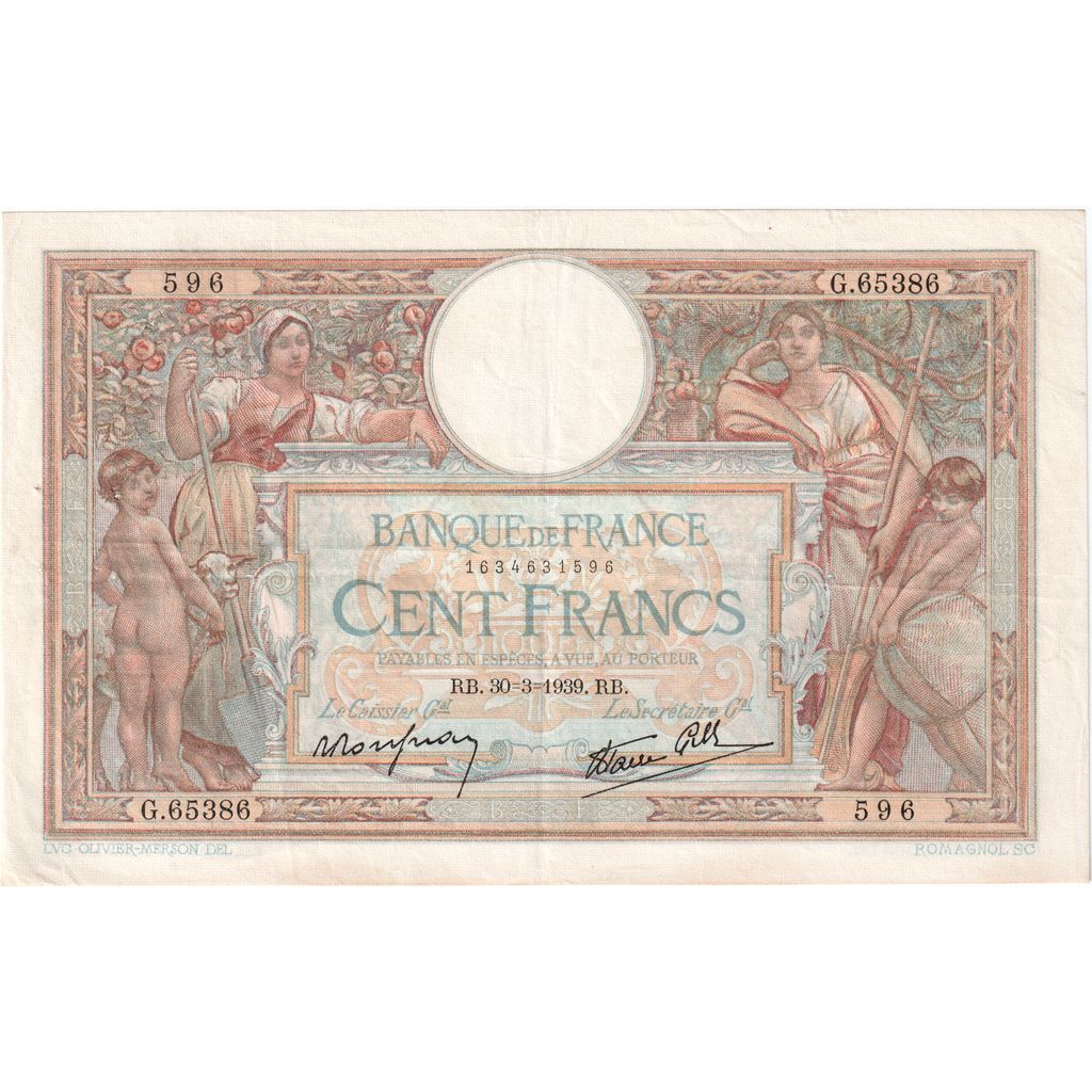Frankrijk, 100 Francs, Luc Olivier Merson, 1939-03-30, G.65386, TTB