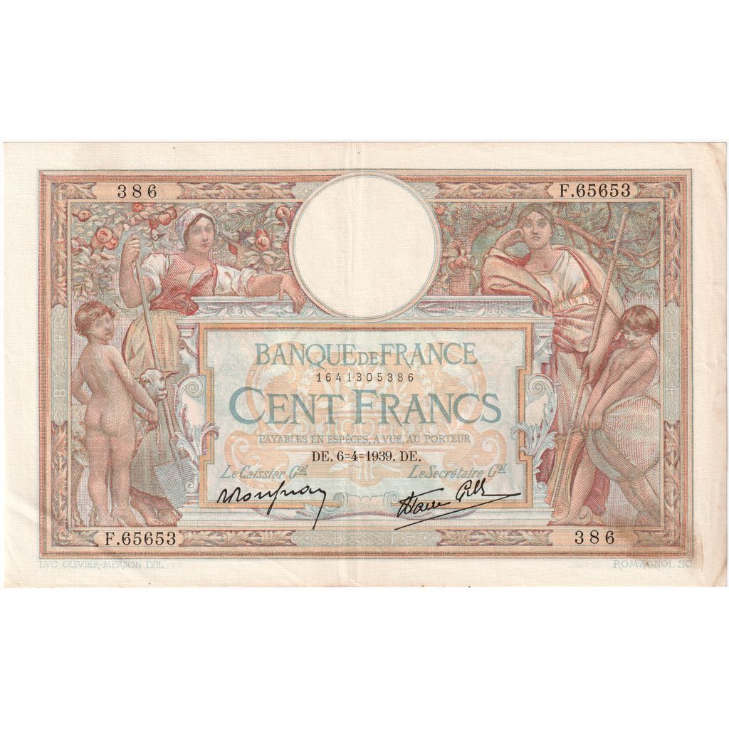 France, 100 Francs, Luc Olivier Merson, 1939-04-06, F.65653, AU(50-53)