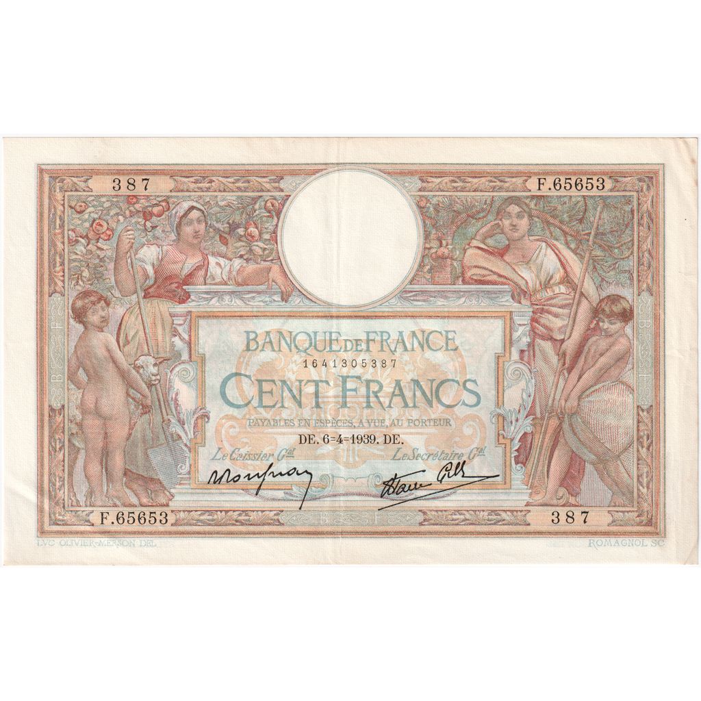 France, 100 Francs, Luc Olivier Merson, 1939-04-06, F.65653, AU(50-53)