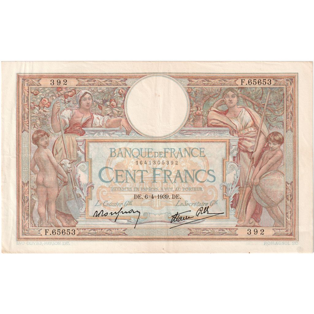 França, 100 Francs, Luc Olivier Merson, 1939-04-06, F.65653, AU(50-53)