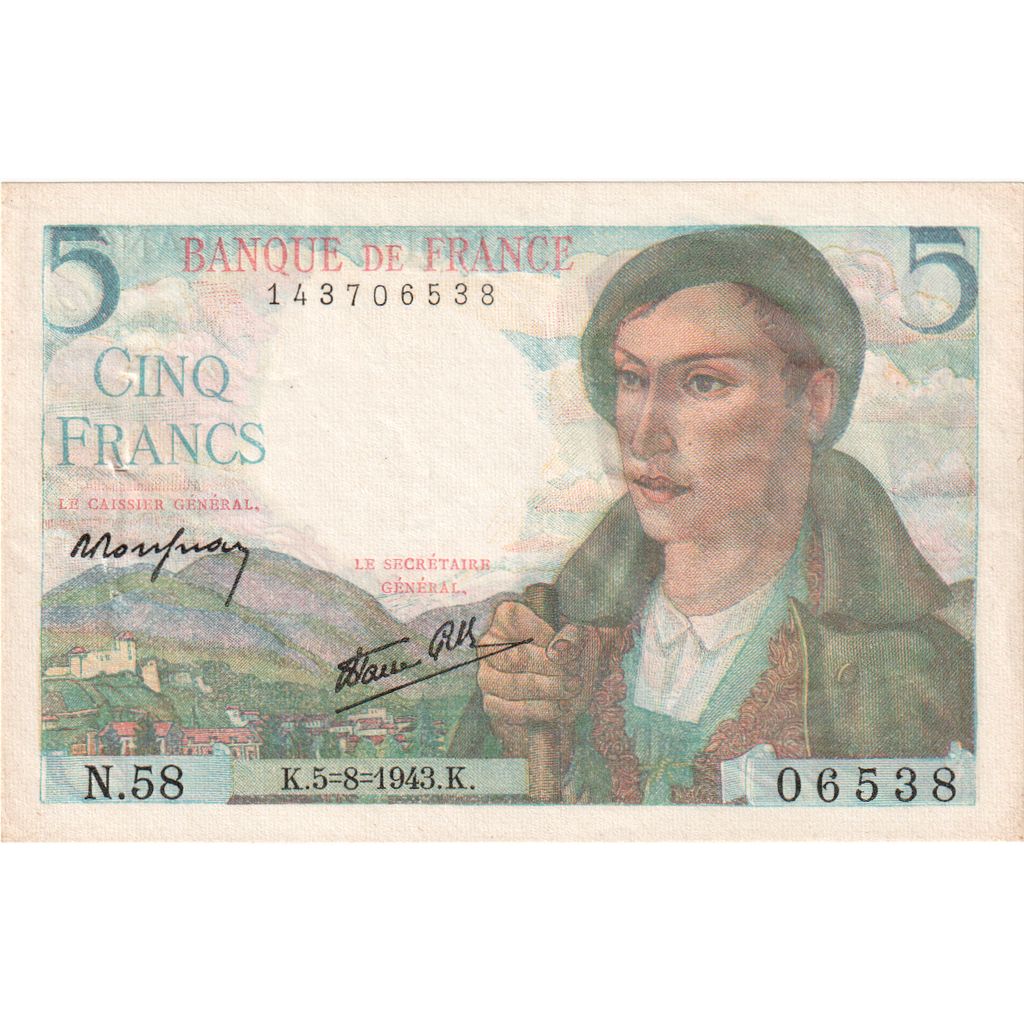 Francia, 5 Francs, Berger, 1943-08-05, N.58, UNC