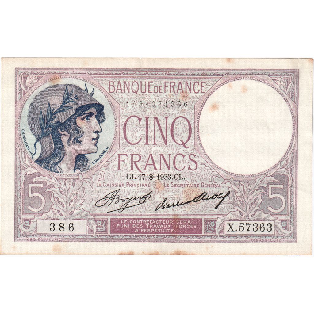 Frankrijk, 5 Francs, Violet, 1933-08-17, X.57363, B+