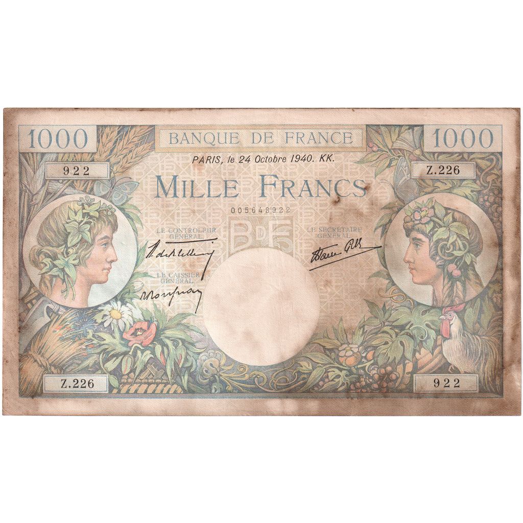 France, 1000 Francs, Commerce et Industrie, 1940-10-24, Z.226, VF(30-35)