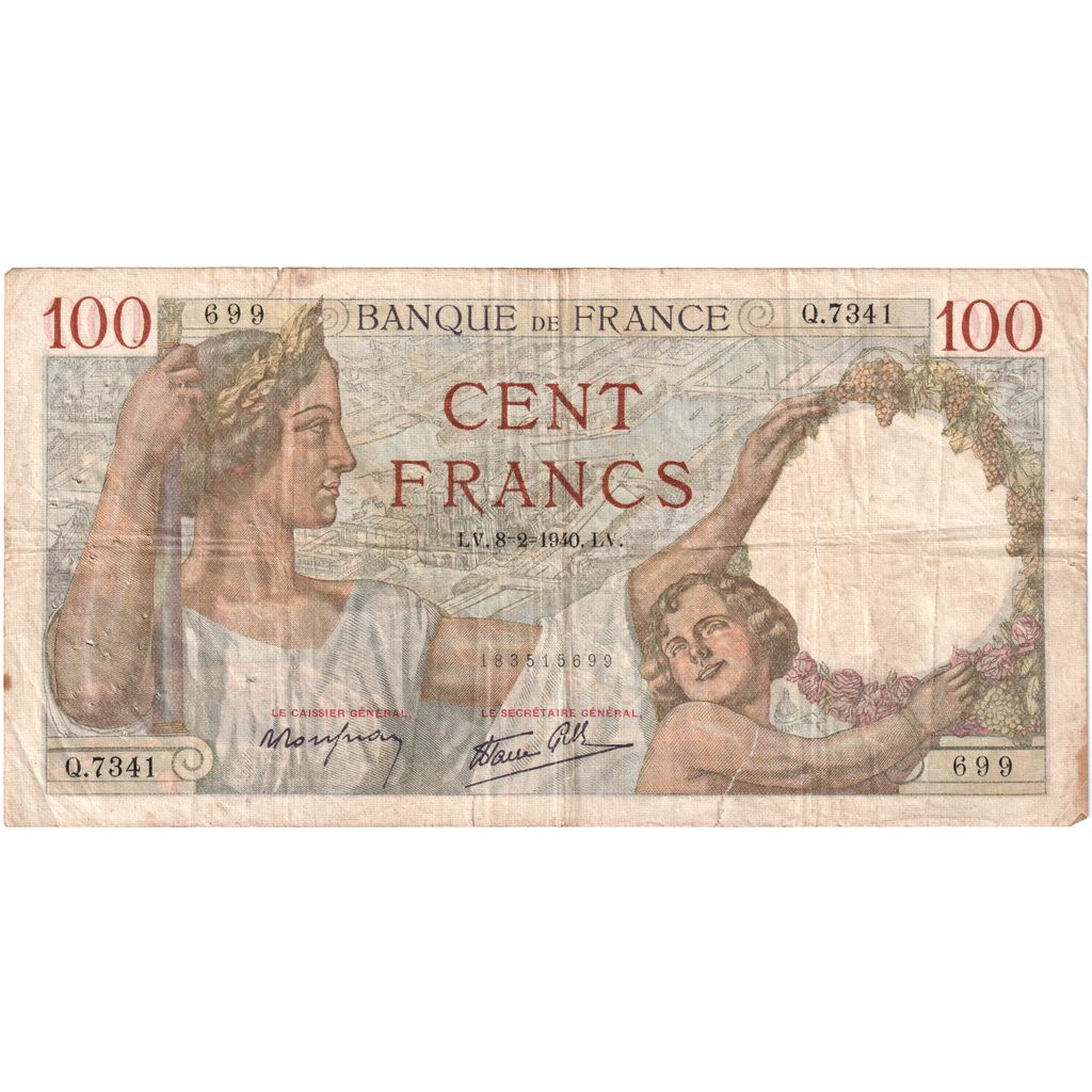 France, 100 Francs, Sully, 1940-02-08, Q.7341, VF(20-25)