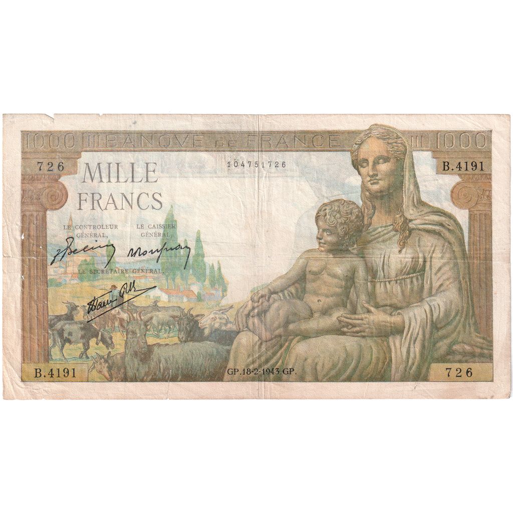 France, 1000 Francs, Déesse Déméter, 1943-02-18, B.4191, VF(20-25)