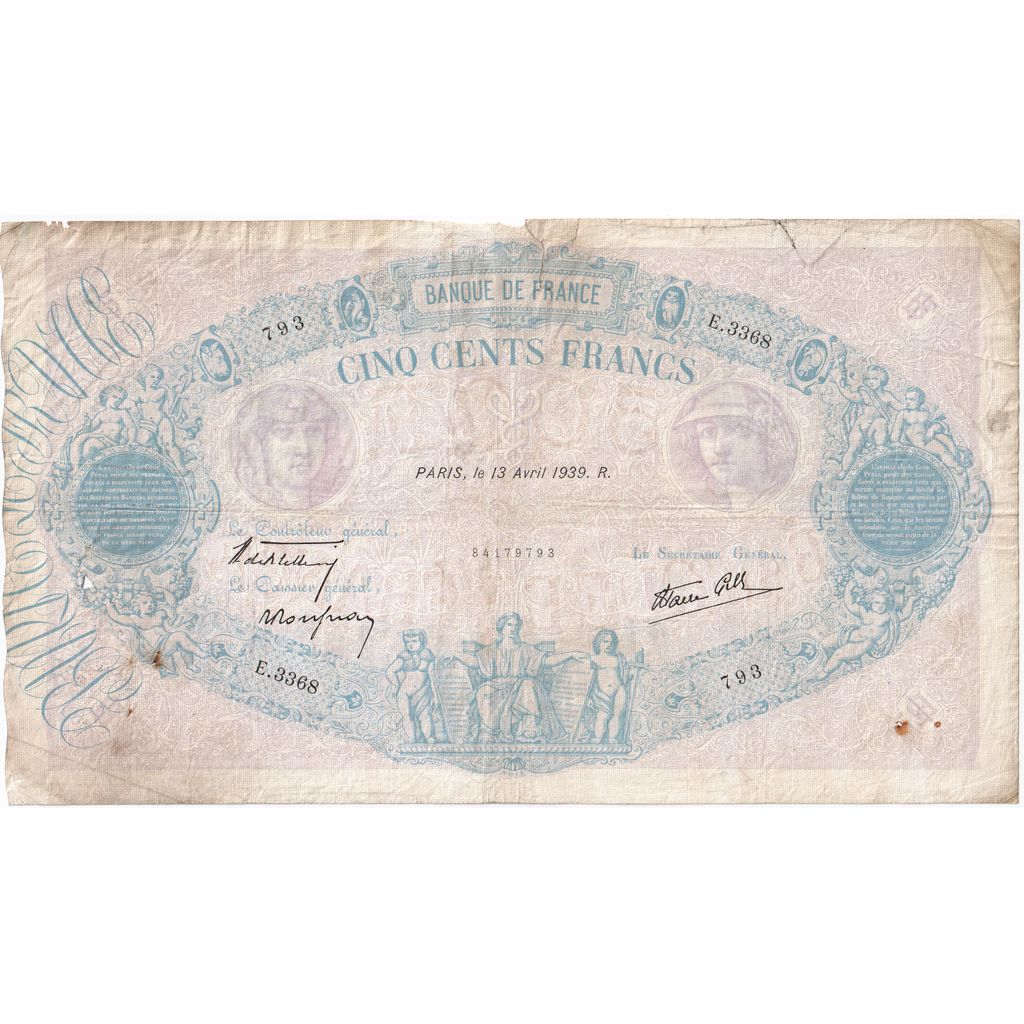 France, 500 Francs, Bleu et Rose, 1939-04-13, E.3368, VG(8-10)