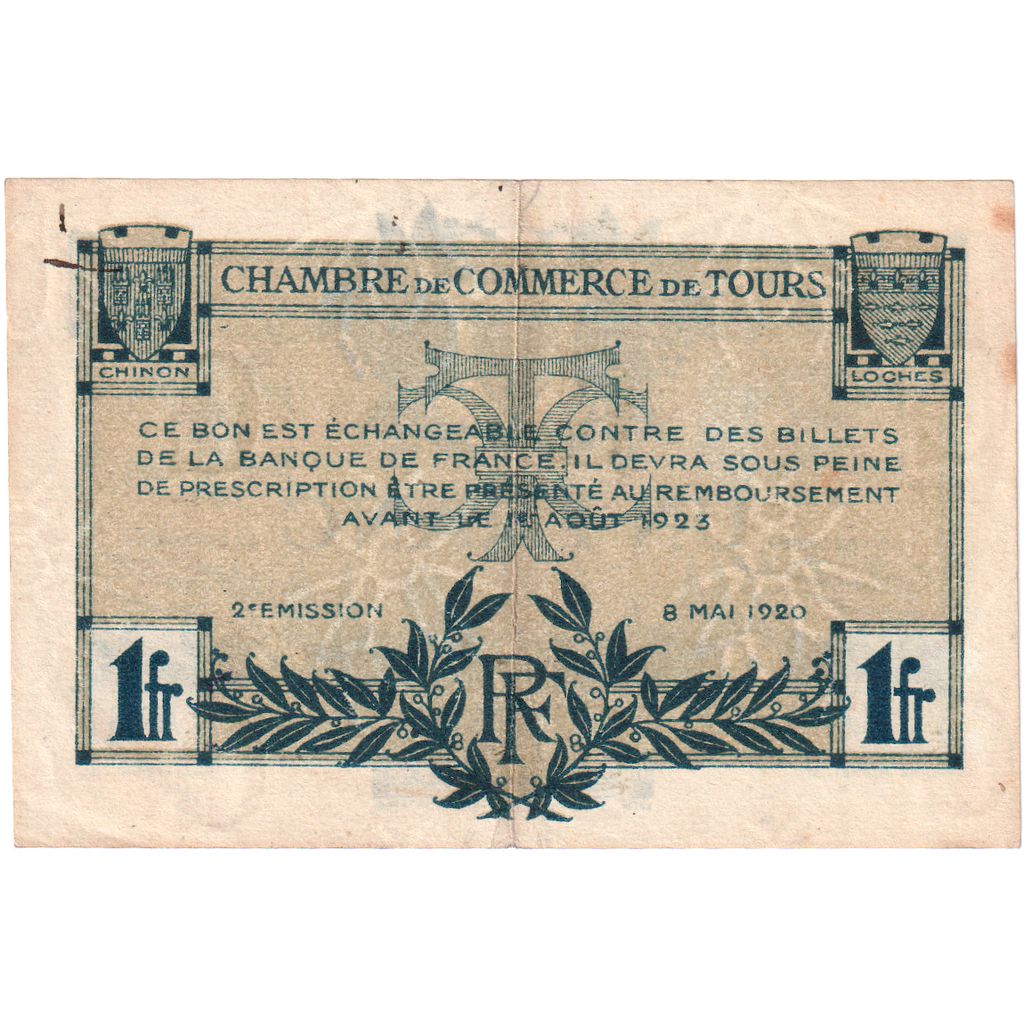 Francja, Tours, 1 Franc, 1920-05-08, 304,520, VF(30-35), Pirot:123-4