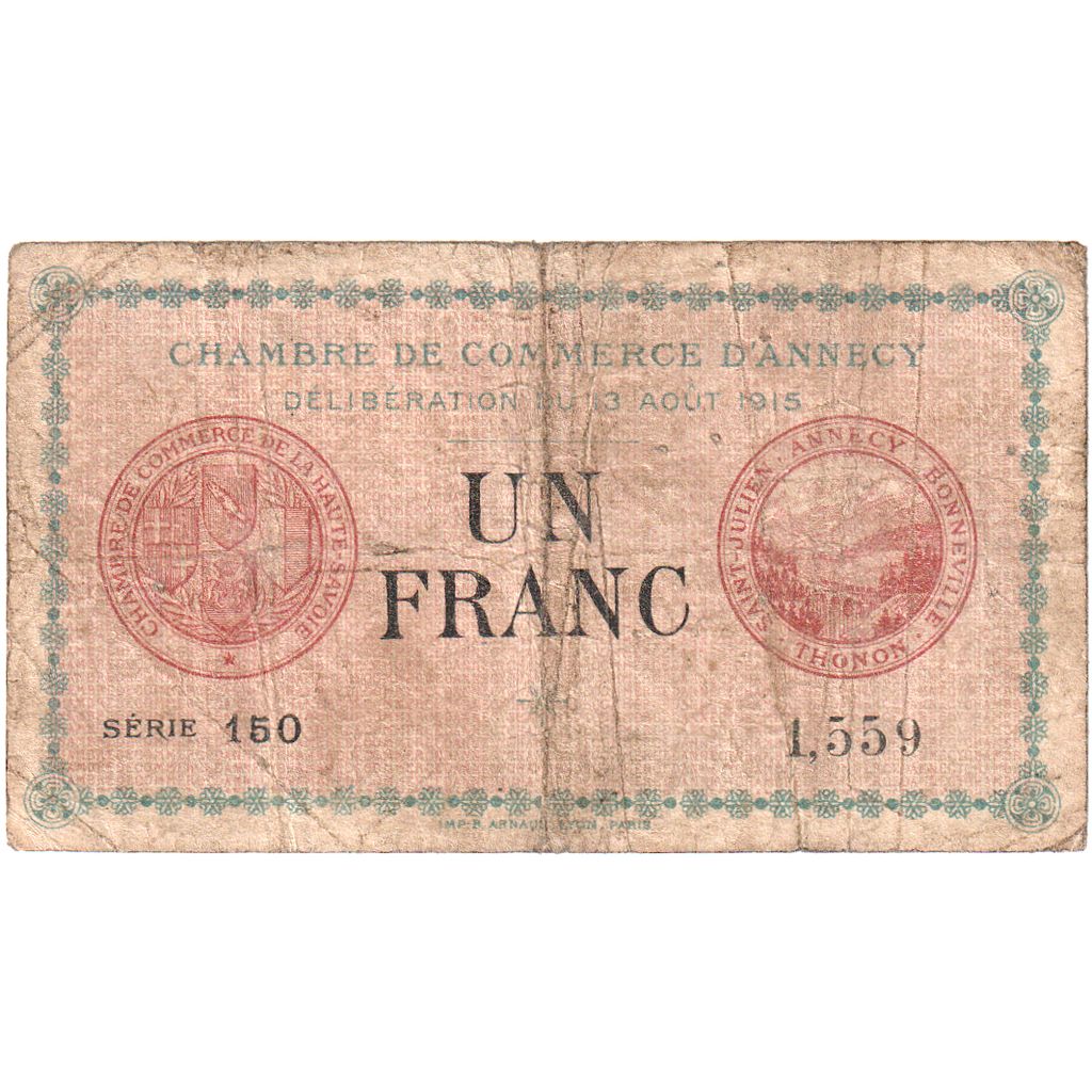 Francja, Annecy, 1 Franc, 1915-08-13, SERIE 150, VF(20-25), Pirot:10-1