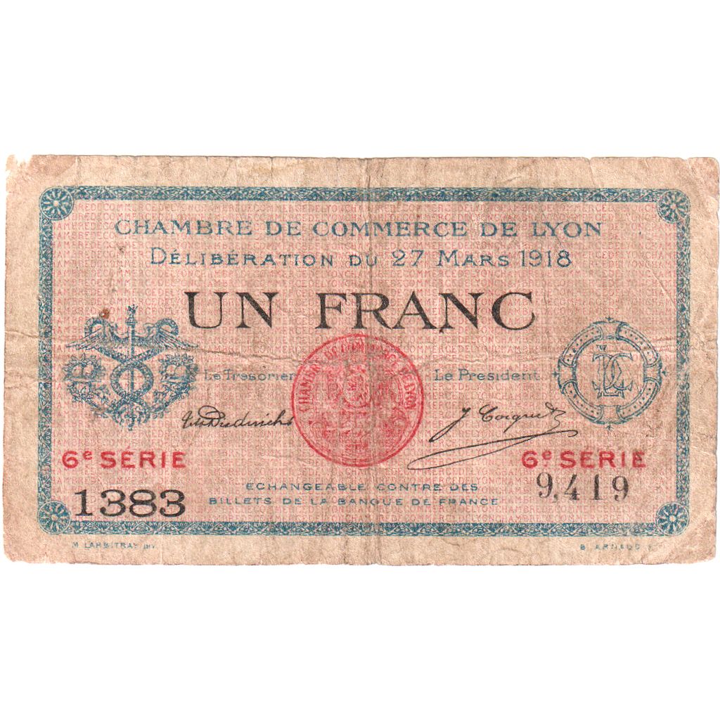 Francia, Lyon, 1 Franc, 1918-03-27, 6EME SERIE, BC, Pirot:10-1
