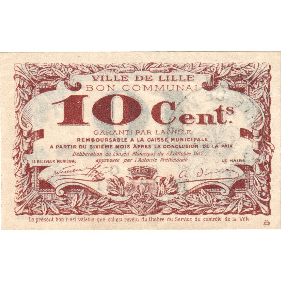 Francja, Lille, 10 Centimes, 1917-10-31, Bon Communal, EF(40-45), Pirot:59-1632