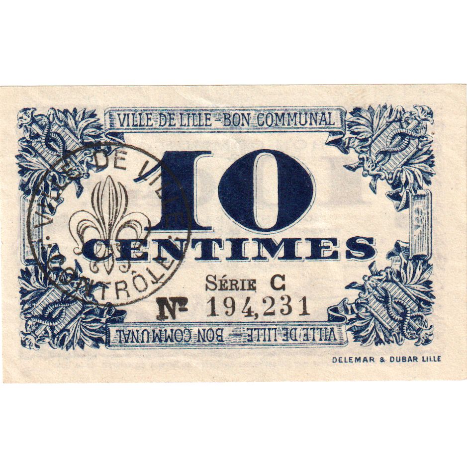 Francja, Lille, 10 Centimes, 1917-10-31, Bon Communal, EF(40-45), Pirot:59-1632