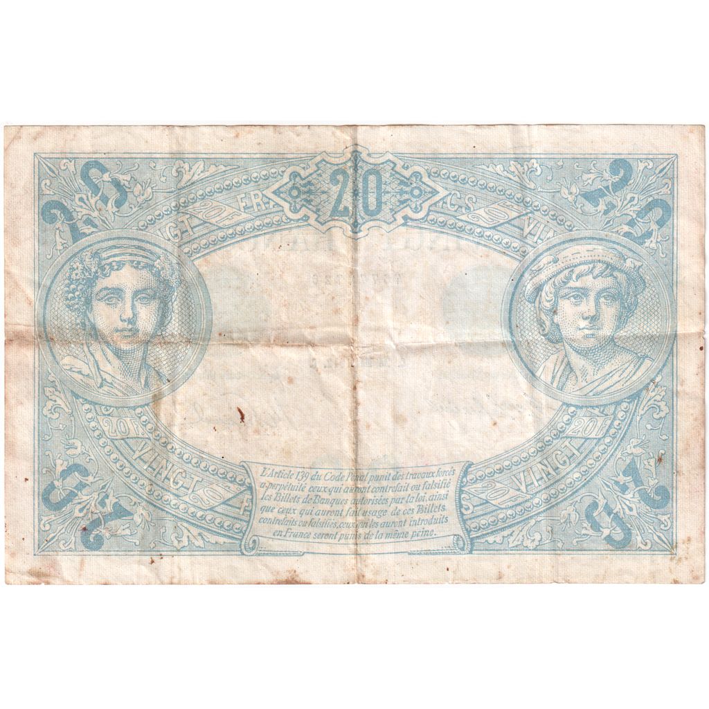 France, 20 Francs, Bleu, 1912-05-24, Y.1871, VF(20-25)