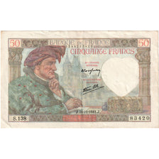 France, 50 Francs, Jacques Coeur, 1941-11-20, S.138, VF(20-25)