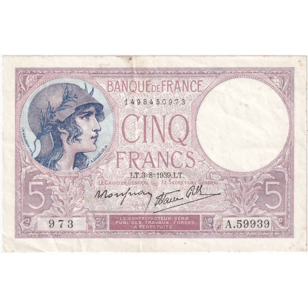Frankrijk, 5 Francs, Violet, 1939-08-03, A.59939, TTB