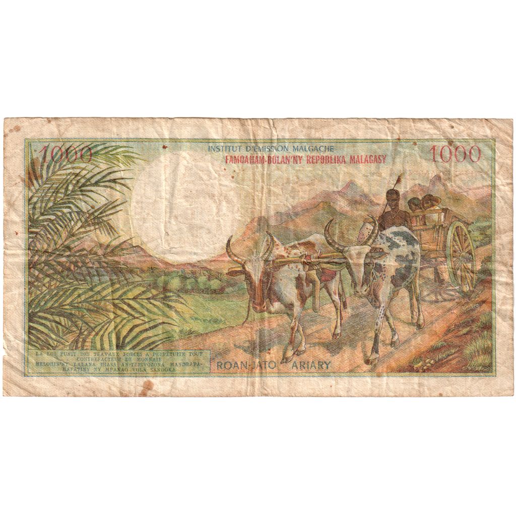 Madagascar, 1000 Francs = 200 Ariary, 1966, VG(8-10)