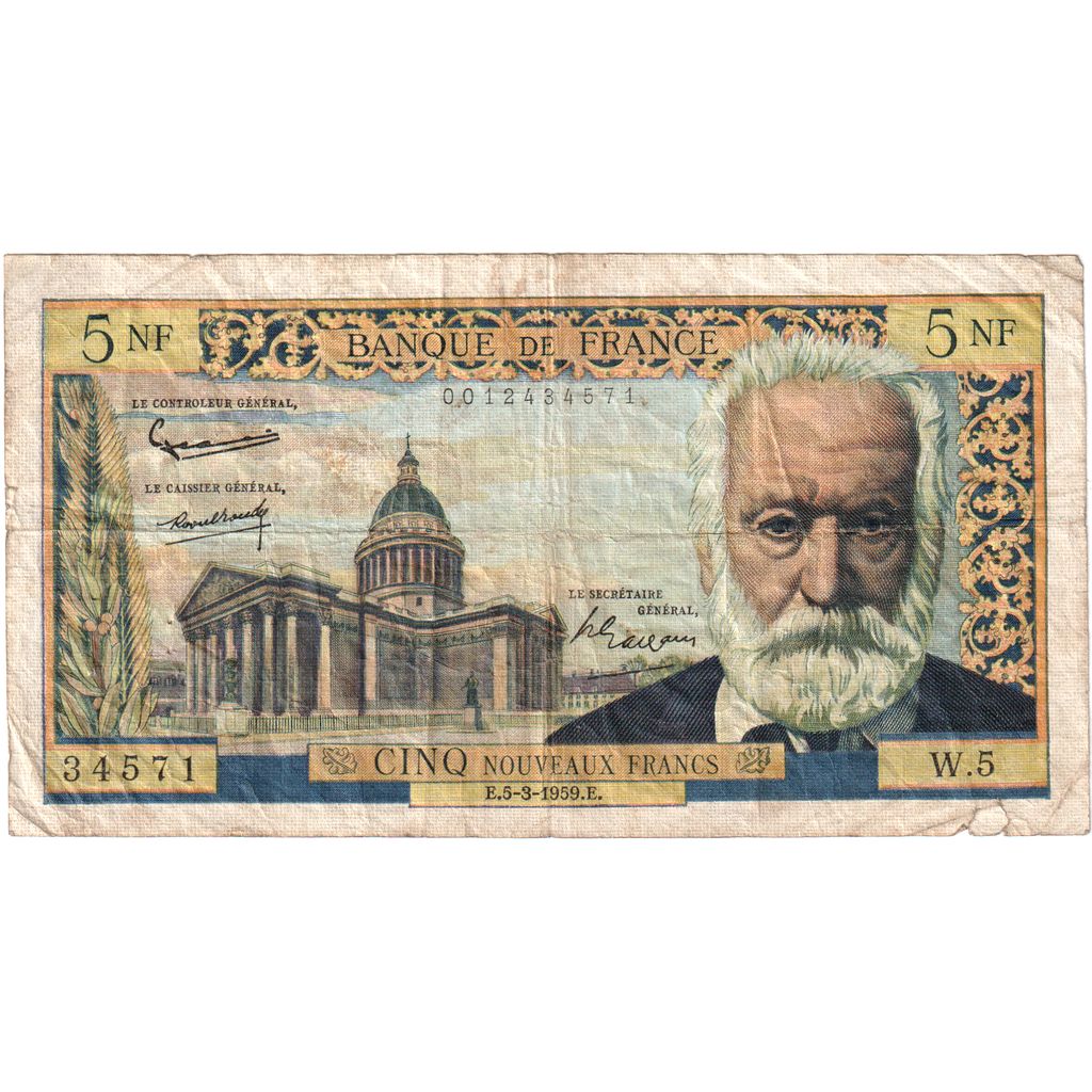 France, 5 Nouveaux Francs, Victor Hugo, 1959-03-05, W.5, B+