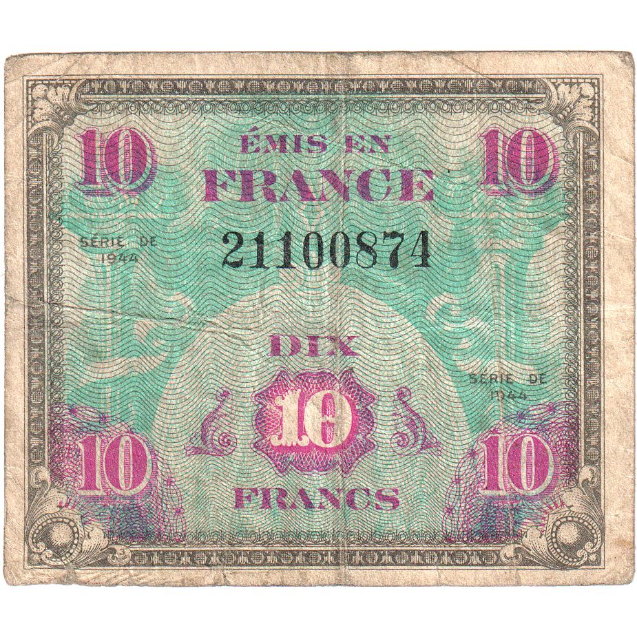 France, 10 Francs, Flag/France, SÉRIE 1944, VF(20-25)