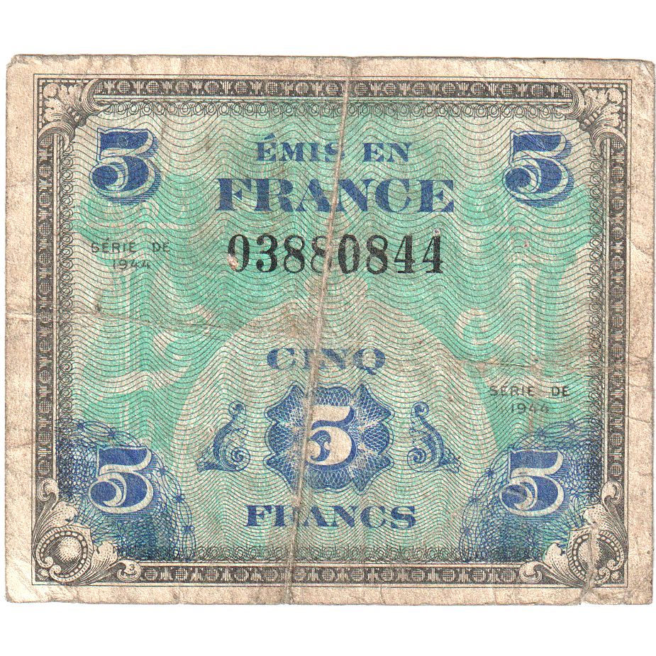 France, 5 Francs, Flag/France, SERIE DE 1944, SÉRIE 1944, VG(8-10)