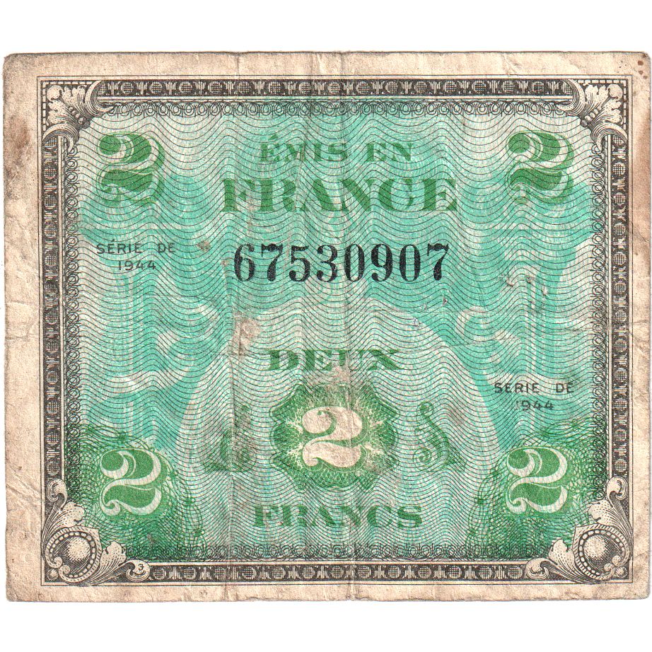 França, 2 Francs, Flag/France, SÉRIE 1944, VG(8-10)