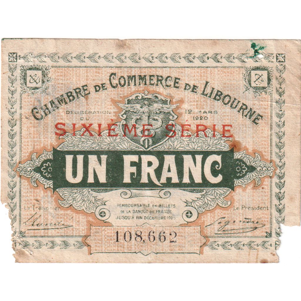 France, 1 Franc, 1920-03-12, 001,463, AB, Pirot:72-30