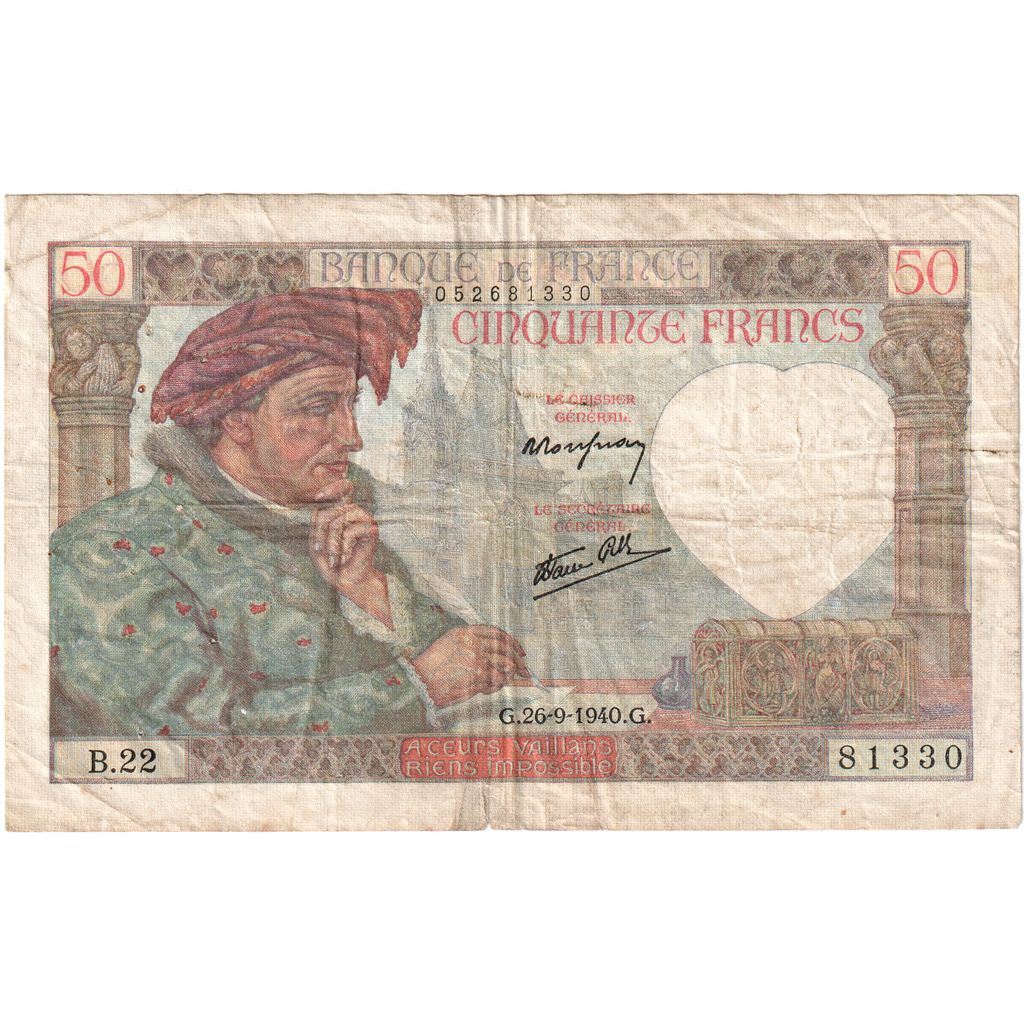 Francia, 50 Francs, Jacques Coeur, 1940-09-26, B.22, BC+