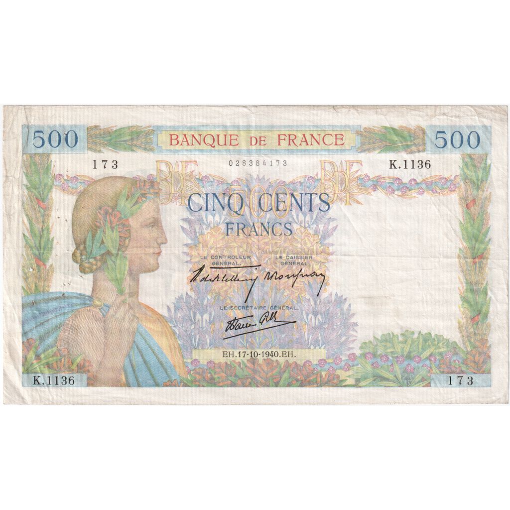 France, 500 Francs, La Paix, 1940-10-17, K.1136, VF(30-35)