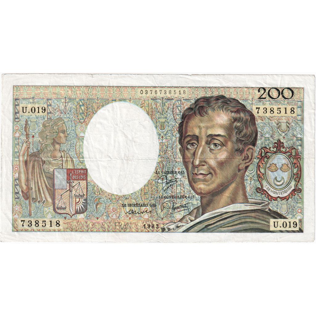 Francja, 200 Francs, Montesquieu, U.019, Partial Print, EF(40-45)