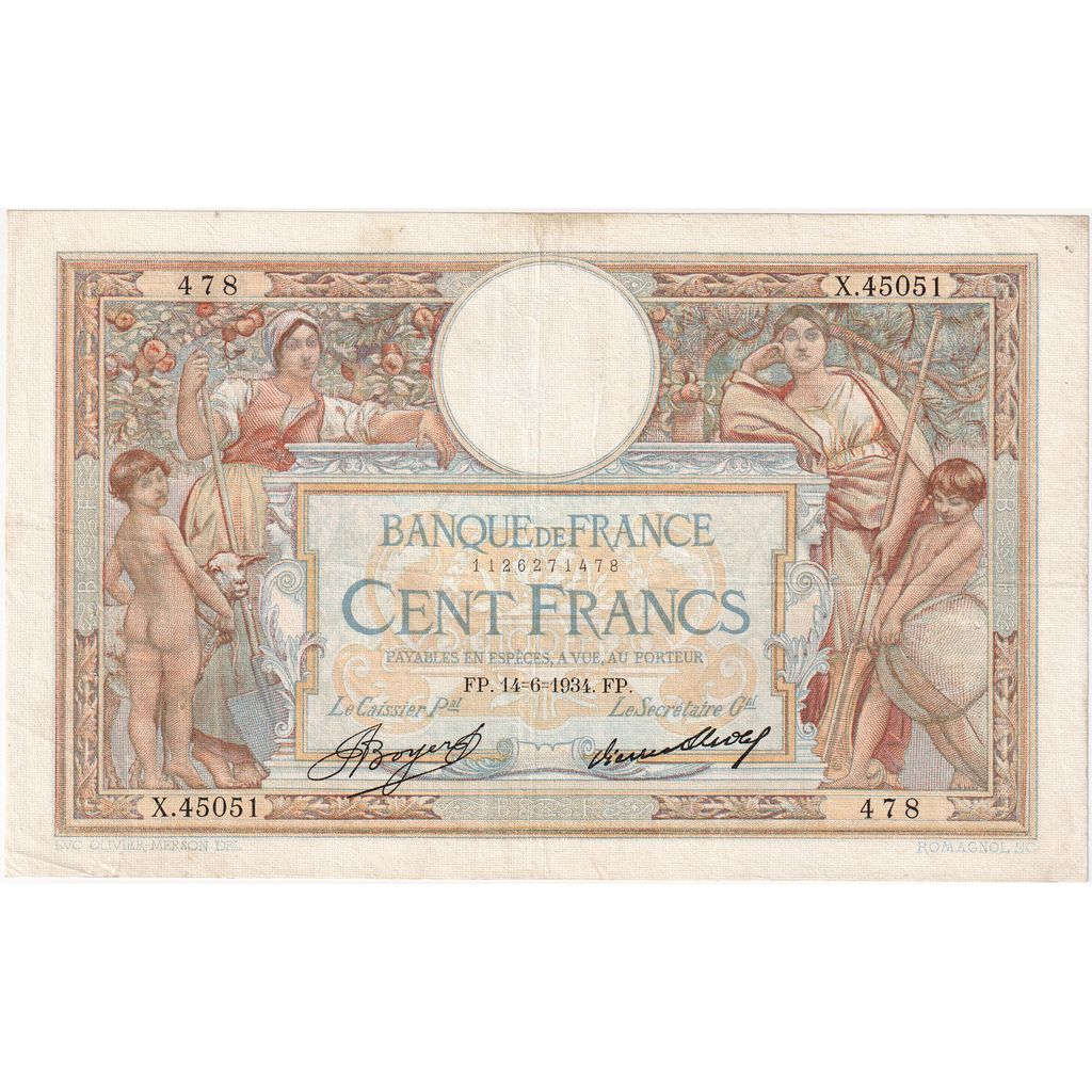 França, 100 Francs, Luc Olivier Merson, 1934-06-14, X.45051, EF(40-45)